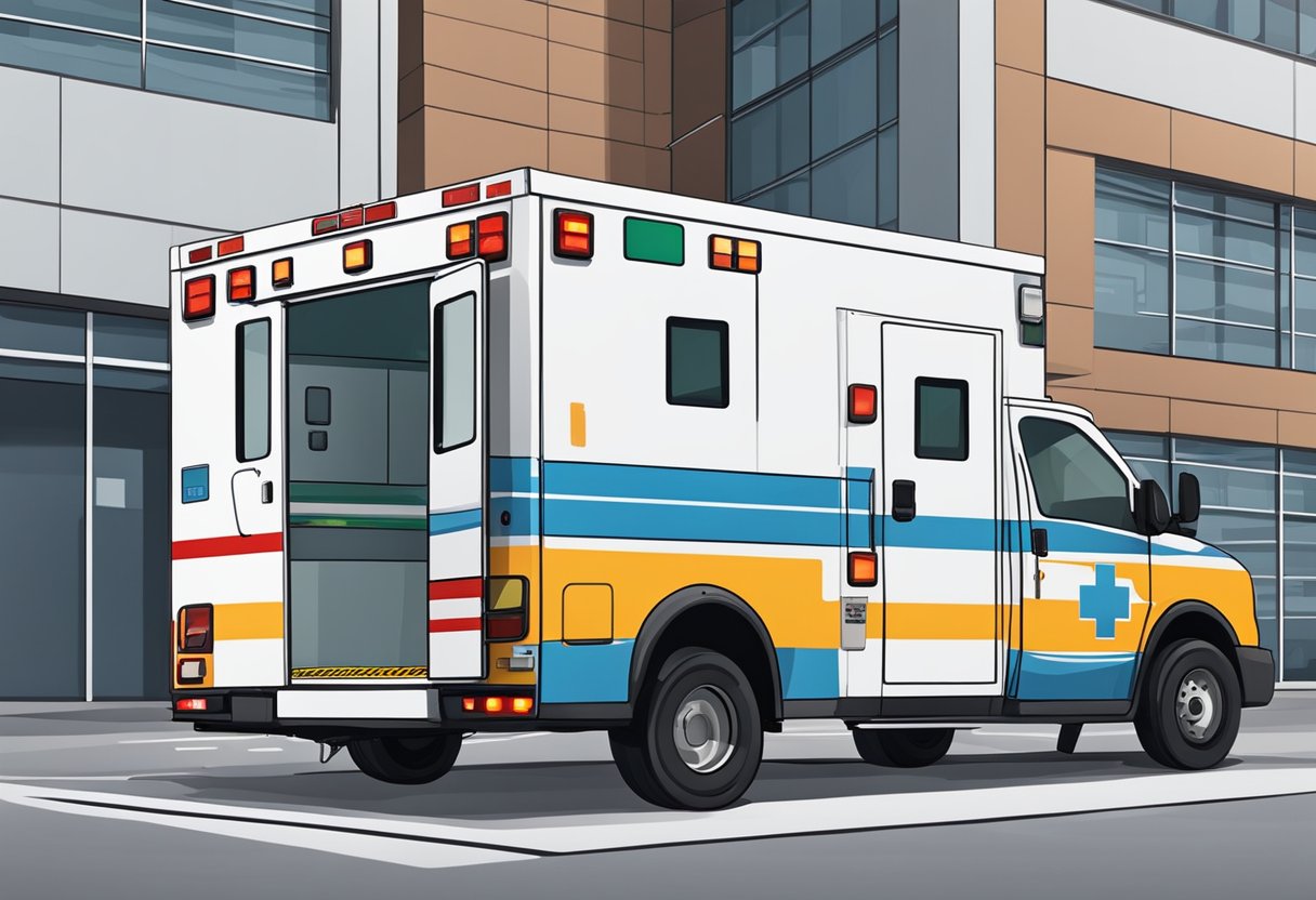 Uma ambulância estacionada do lado de fora de um hospital, equipada com suprimentos médicos e uma maca visível através das portas traseiras abertas.