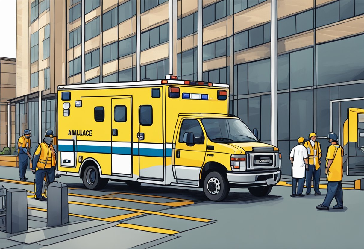 Uma ambulância estacionada do lado de fora de um prédio, com profissionais de saúde e equipamentos sendo carregados nela.