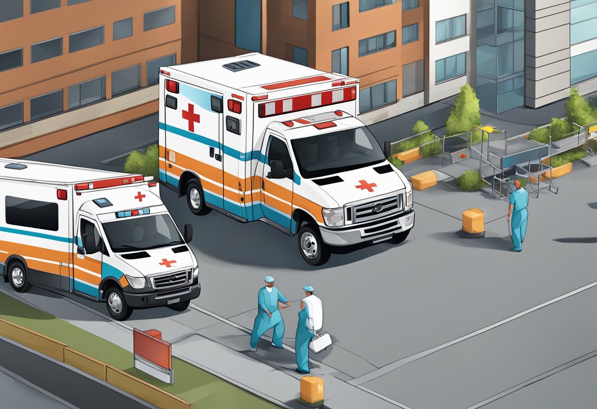 Uma ambulância estacionada do lado de fora de um hospital, com equipamentos médicos sendo carregados nela para transporte de pacientes.