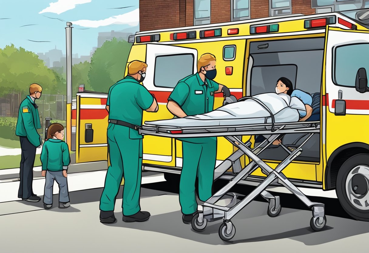 Um paramédico carregando uma maca em uma ambulância, enquanto um membro da família preocupado observa da calçada