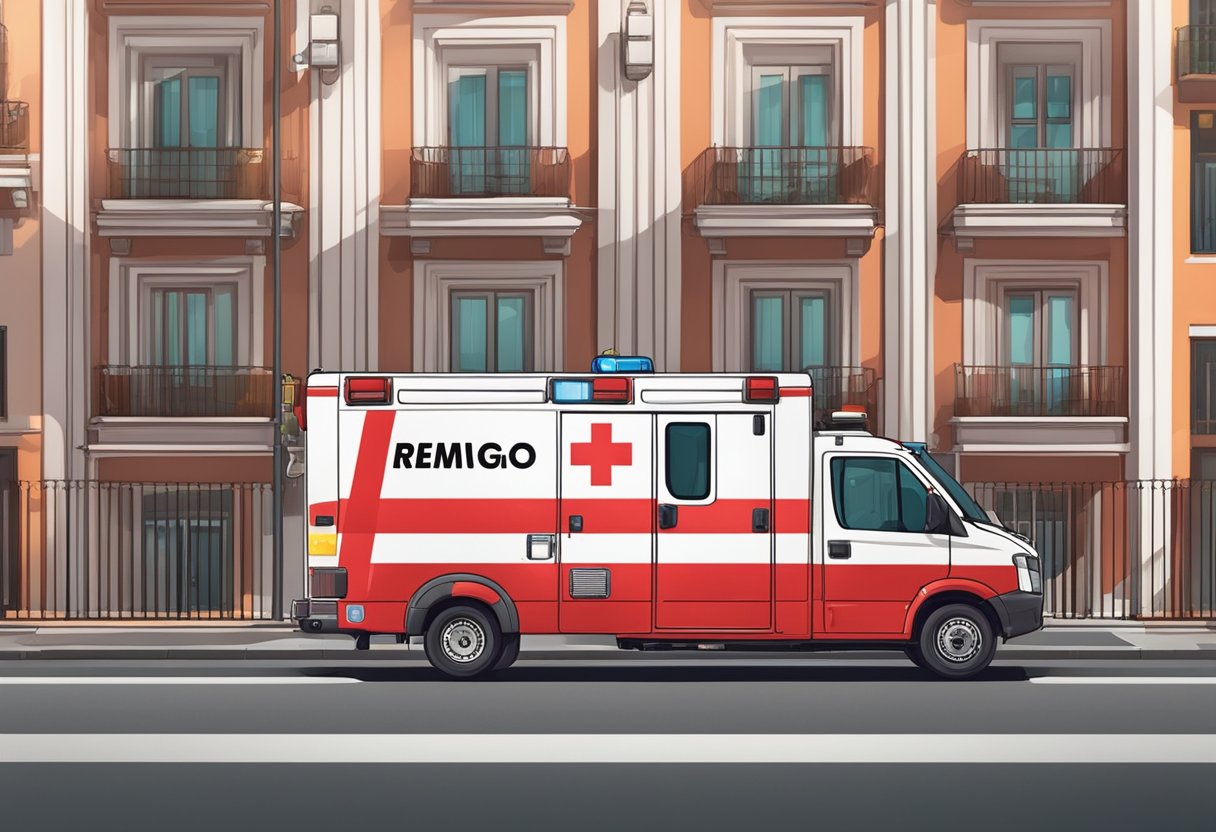 Uma ambulância vermelha e branca com luzes piscantes e a palavra "Remoção" na lateral, estacionada em frente a um prédio no Brasil.