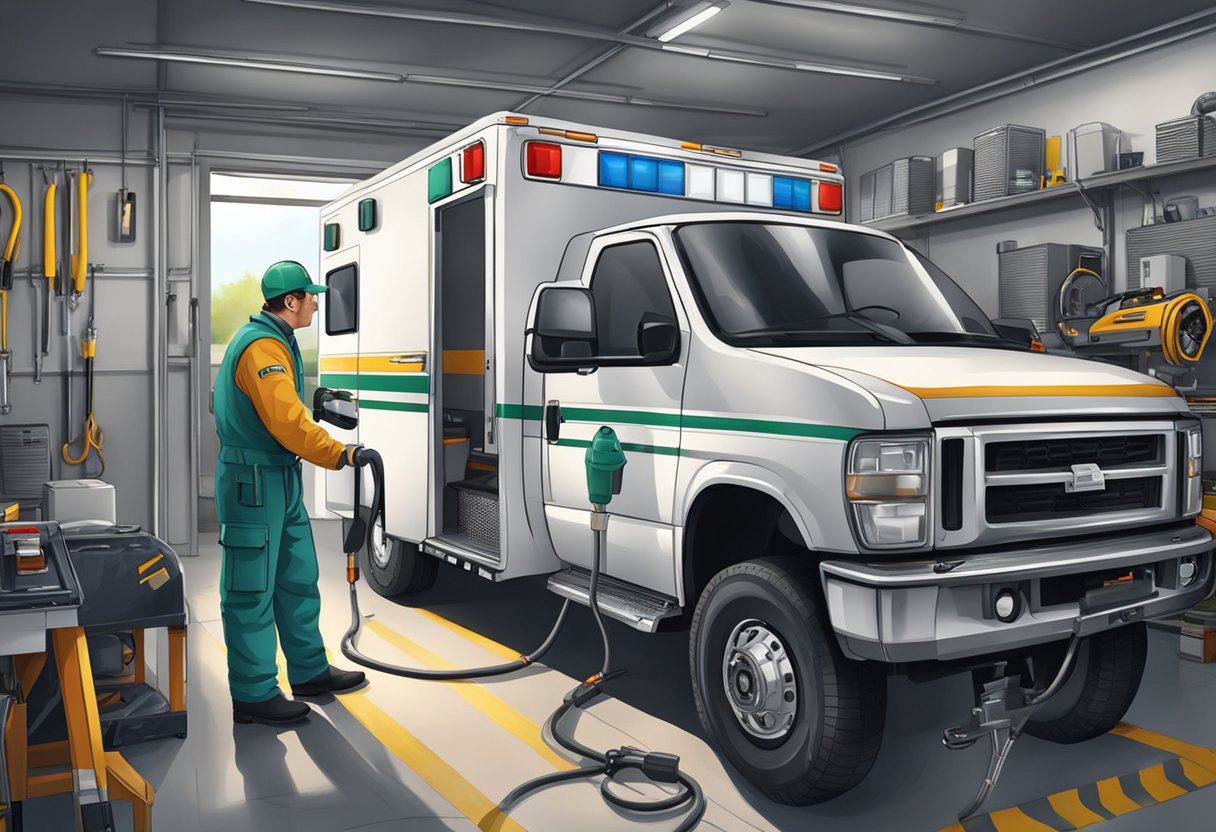 Uma ambulância sendo consertada por um mecânico em uma garagem