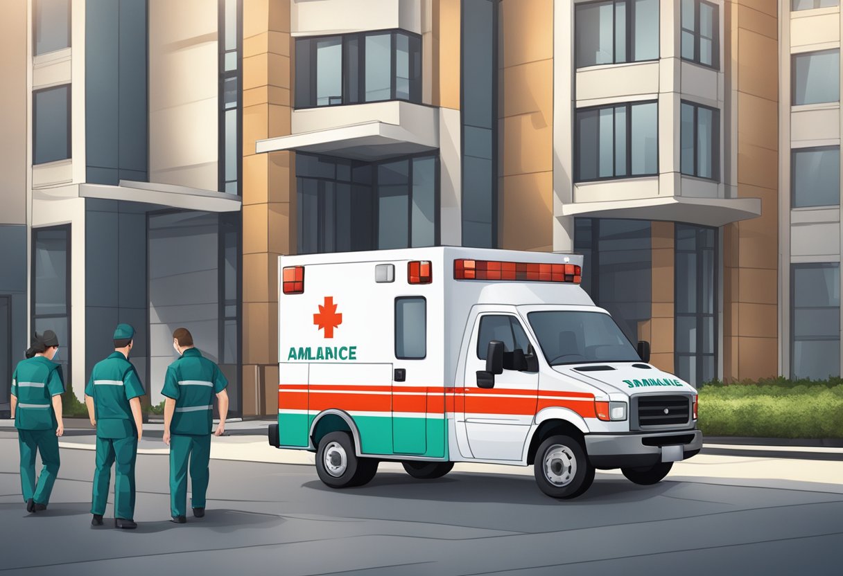 Uma ambulância estacionada do lado de fora de um prédio, com paramédicos carregando uma maca em direção à entrada