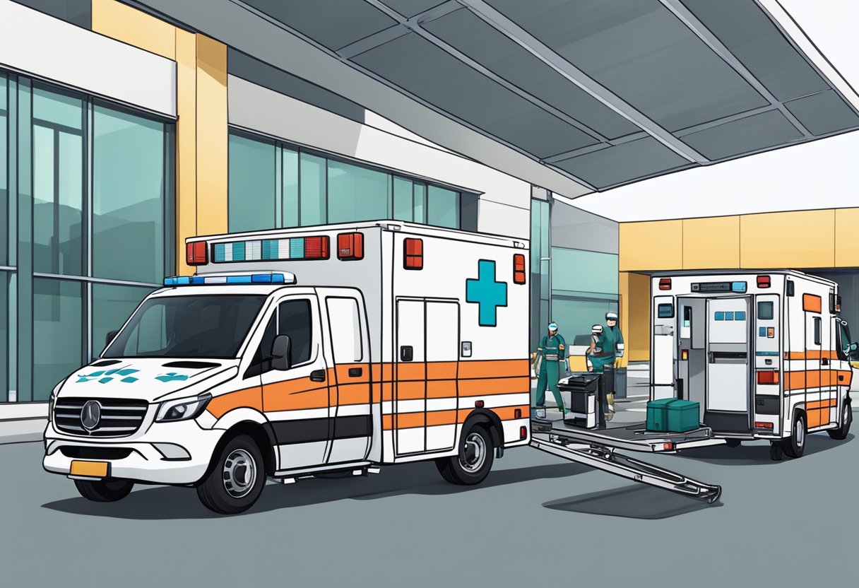 Uma ambulância estacionada do lado de fora de um hospital moderno, com equipamentos médicos sendo carregados nela por paramédicos.