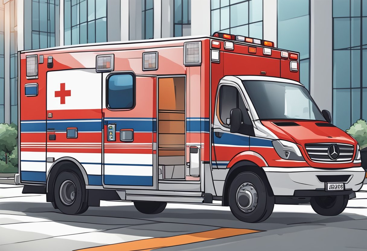 Uma ambulância vermelha brilhante estacionou do lado de fora de um hospital, com um paramédico carregando uma maca em direção ao veículo.