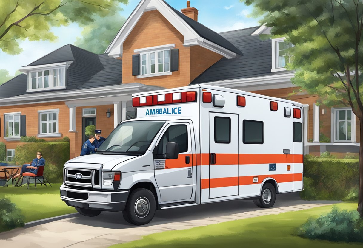 Uma ambulância particular estacionada do lado de fora de uma residência, com um paramédico ajudando um paciente a entrar no veículo.