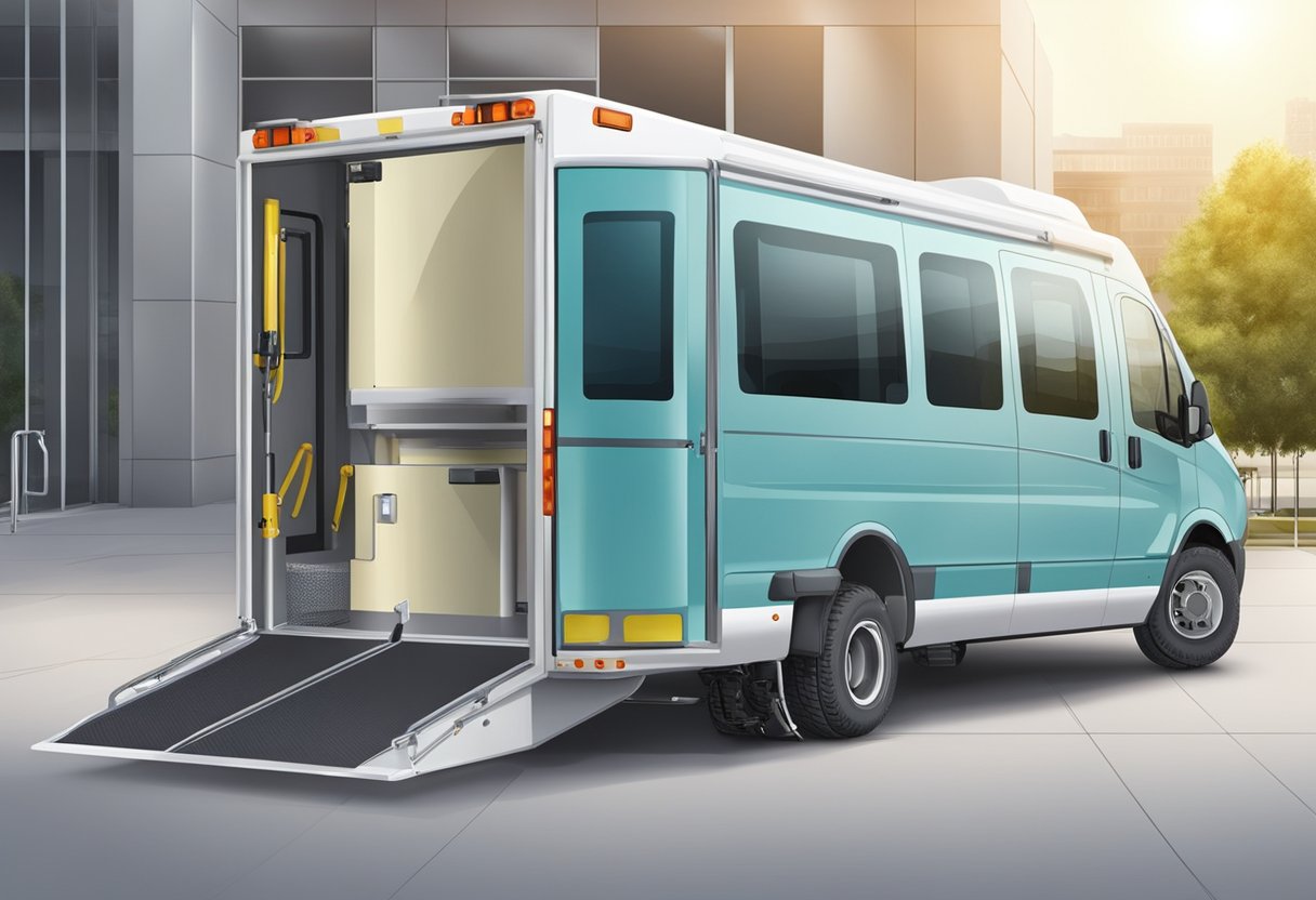 Um veículo de transporte médico especializado com elevador para cadeira de rodas e equipamentos médicos