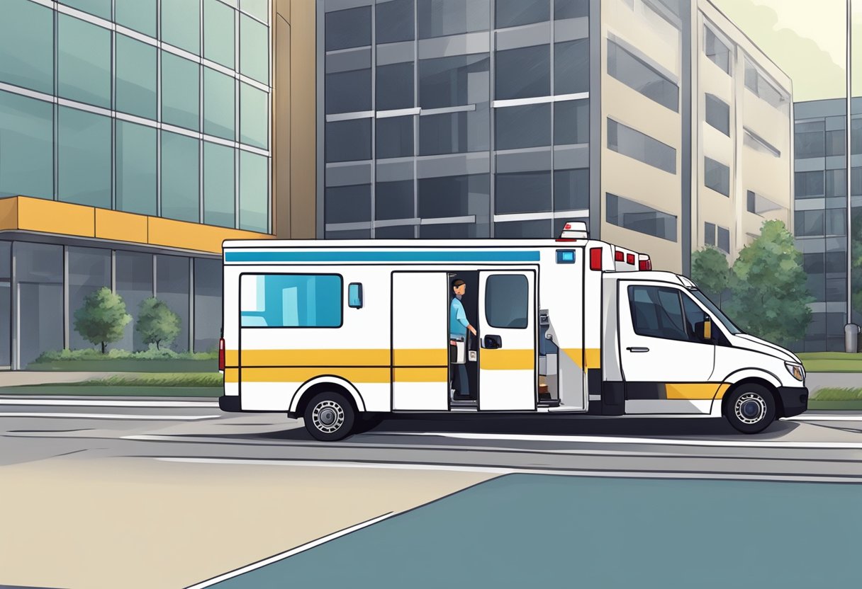 Uma ambulância particular transportando um paciente do hospital, com equipe médica assistindo no processo de remoção e alta.