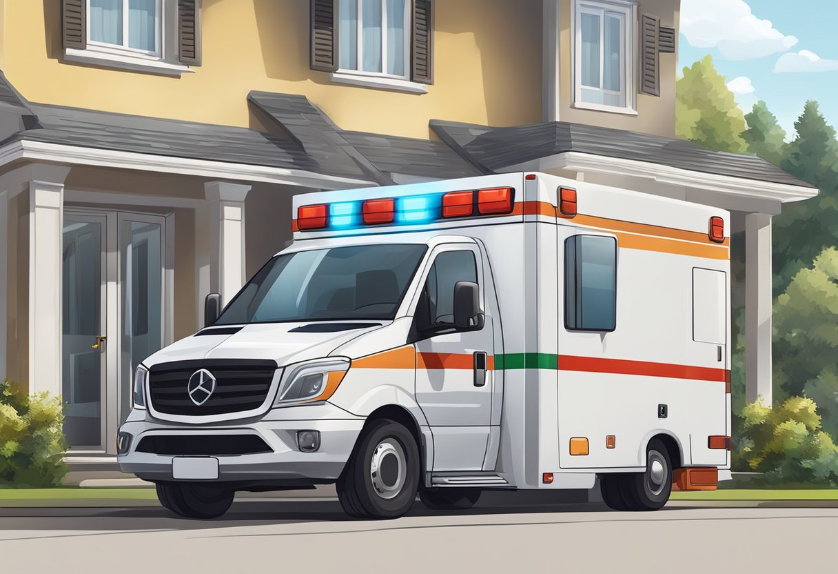 Uma ambulância particular com equipamentos de suporte à vida, estacionada do lado de fora de uma residência, pronta para transportar um paciente.