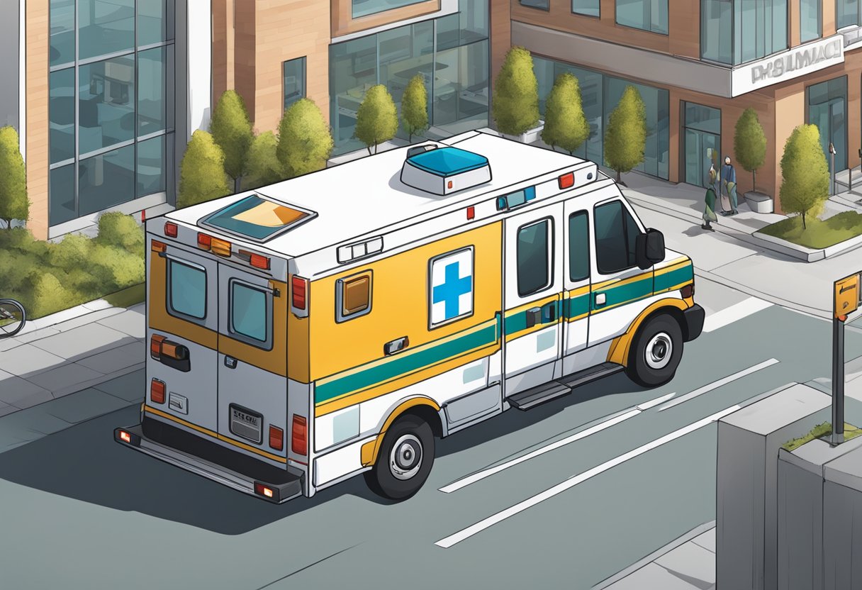 Uma ambulância estacionada do lado de fora de um hospital, com uma etiqueta de preço presa ao lado, cercada por uma movimentada rua da cidade