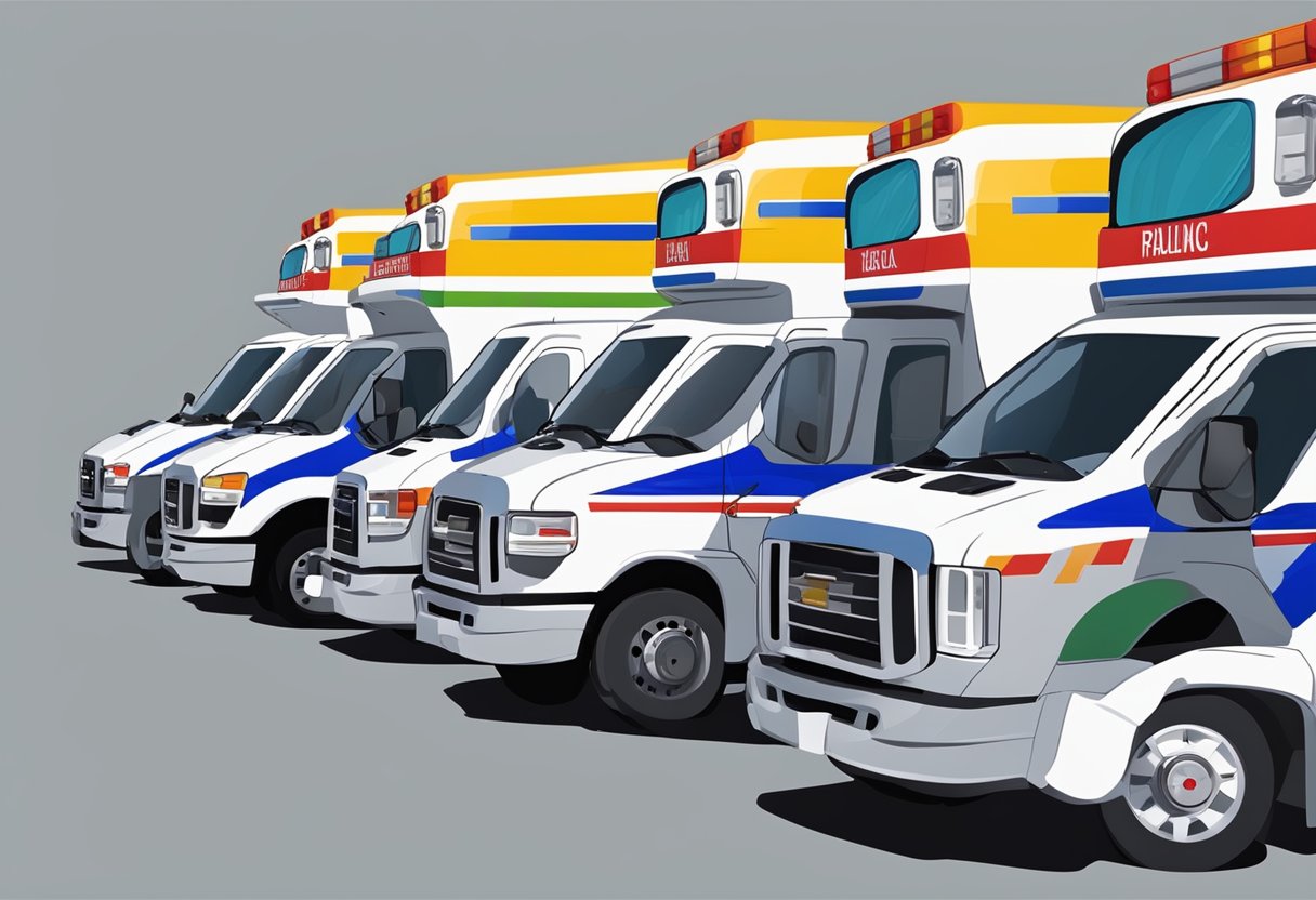 Uma frota de ambulâncias estacionadas em fila, com diferentes tamanhos e designs, prontas para aluguel