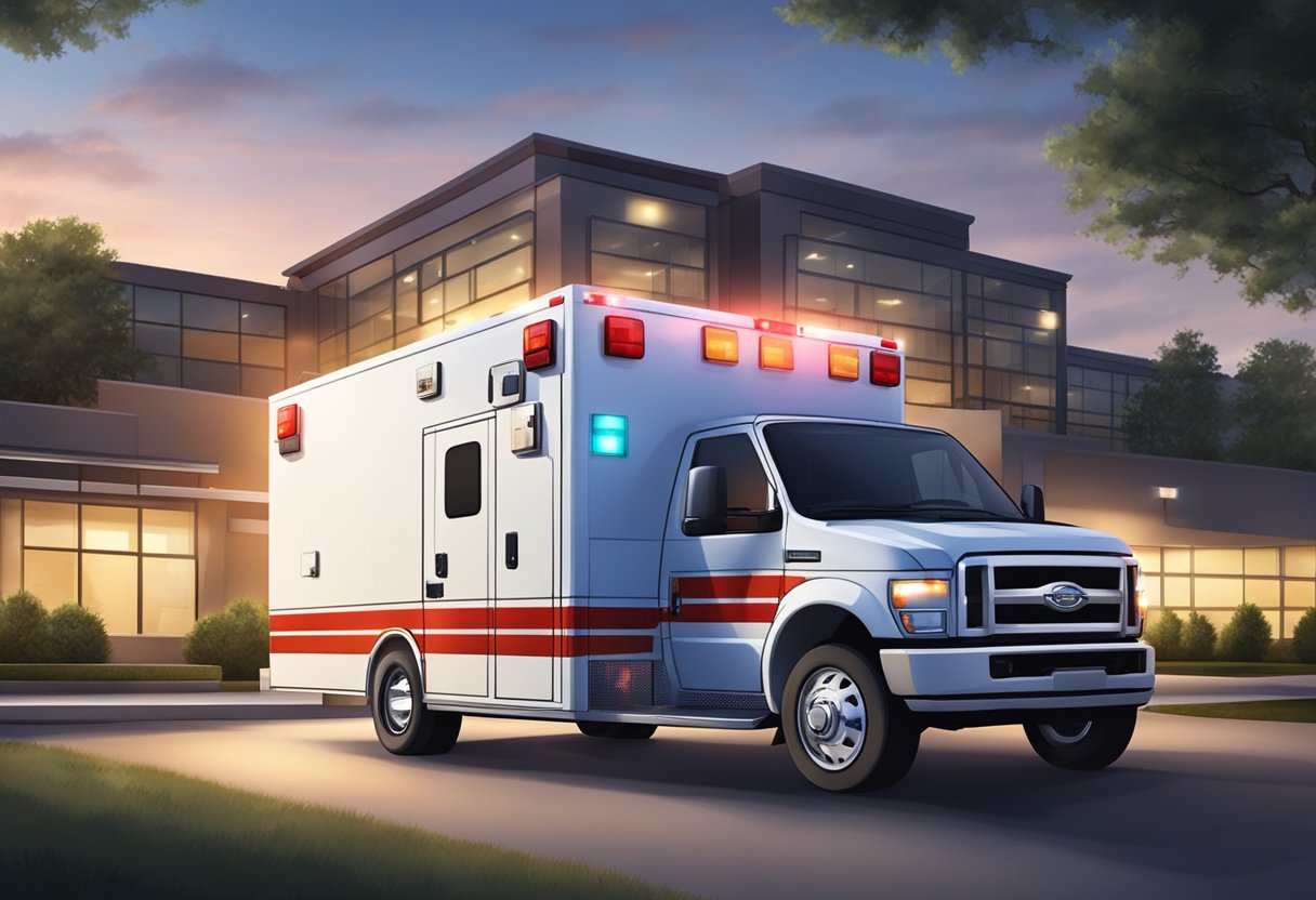 Uma ambulância estacionada do lado de fora de uma unidade médica, com suas luzes piscando e as portas traseiras abertas, pronta para fornecer serviços médicos de emergência.