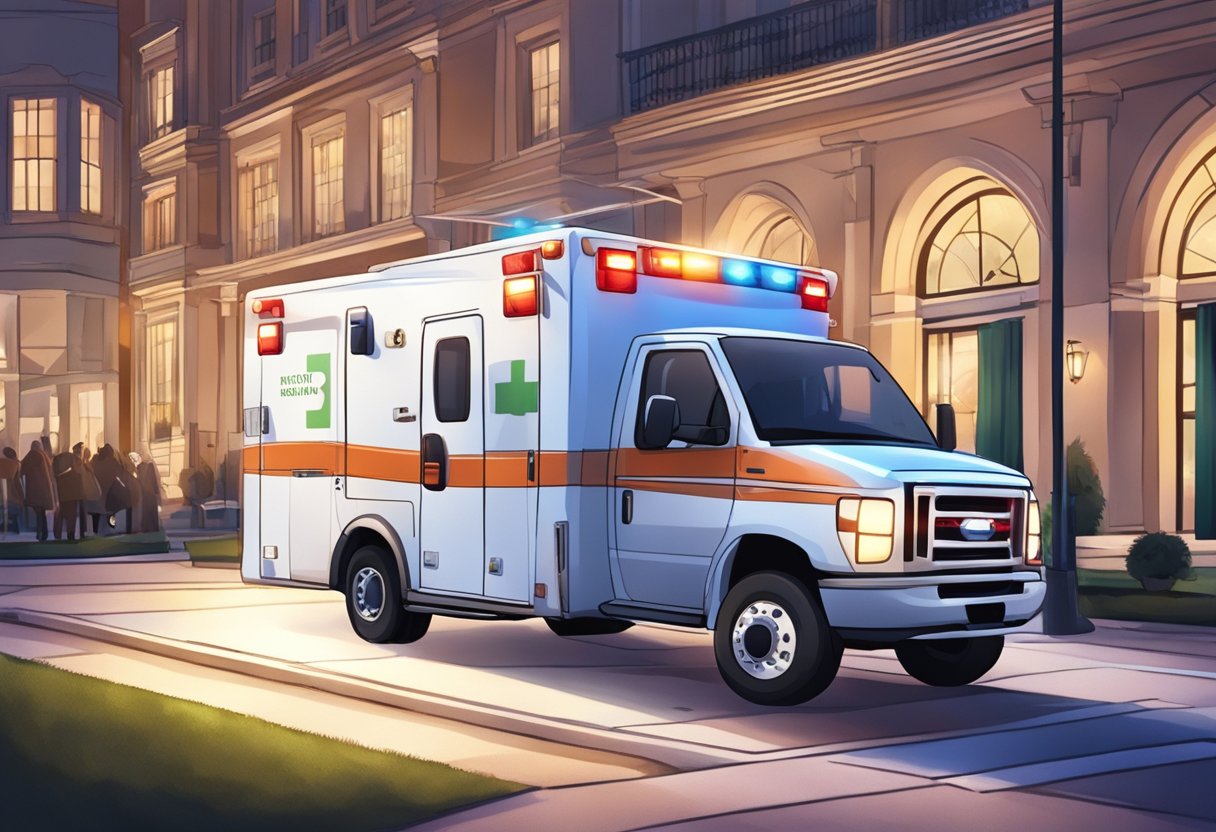 Uma ambulância estacionada em um local de evento, com suas luzes piscando e o equipamento médico visível através das janelas