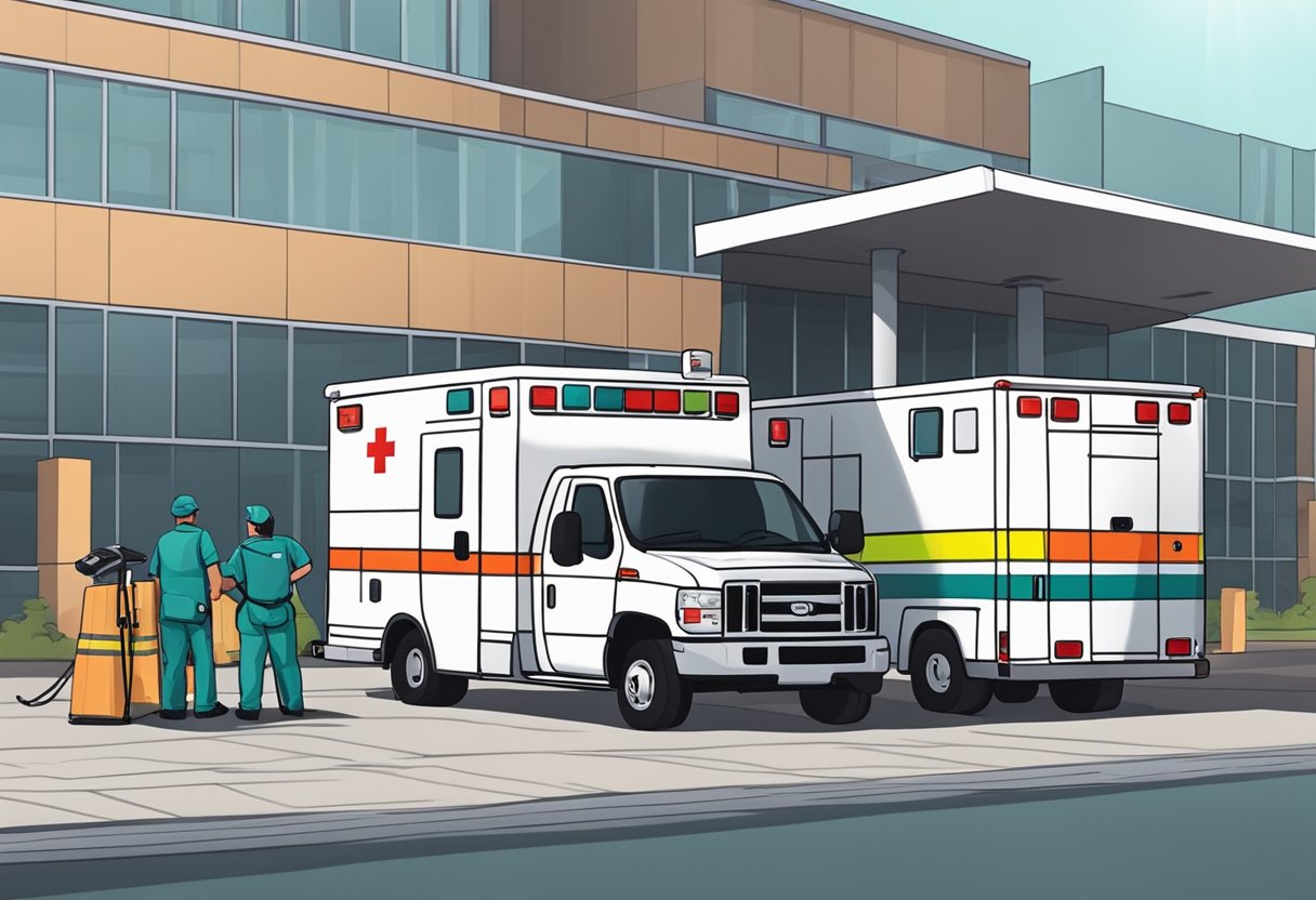 Uma ambulância estacionada do lado de fora de um hospital, com um paramédico reabastecendo suprimentos enquanto outro verifica o equipamento do veículo.