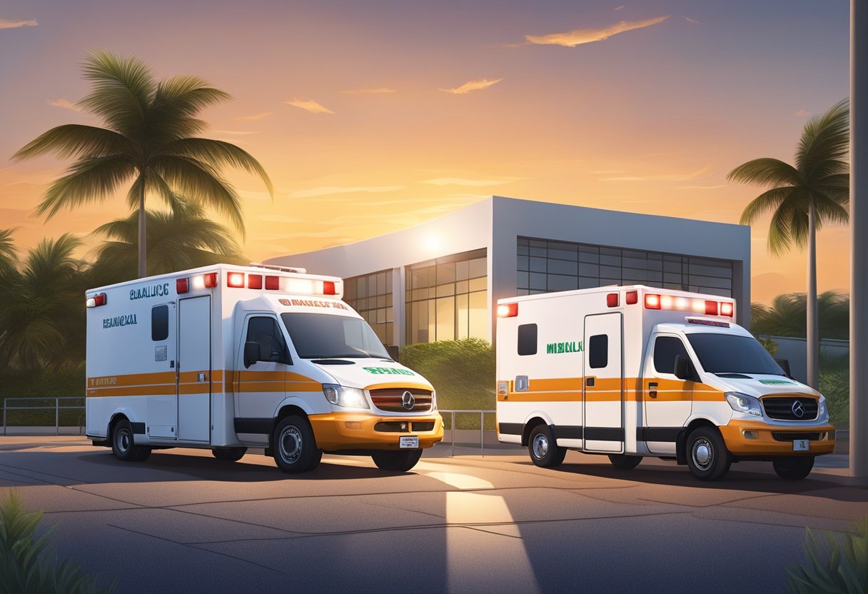 Uma ambulância estacionada do lado de fora de uma unidade médica no Ceará, Brasil, com o sol se pondo ao fundo.