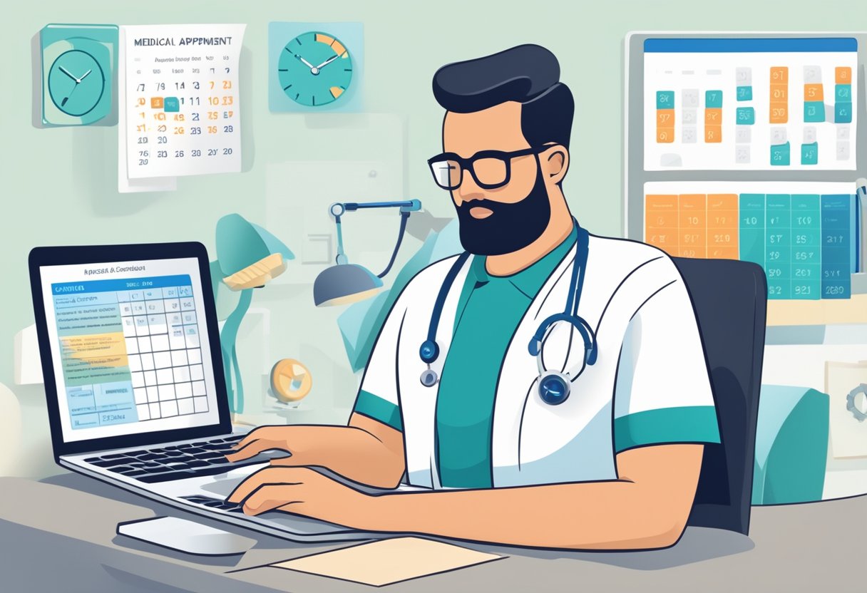 Uma pessoa usando um laptop para agendar uma consulta médica em um site, com um calendário e um relógio ao fundo.
