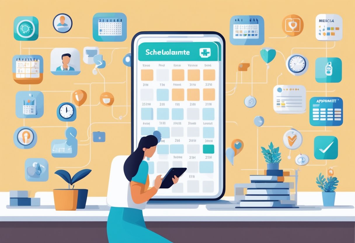 Uma pessoa usando um smartphone para agendar uma consulta médica online, com um calendário e ícones de saúde ao fundo.