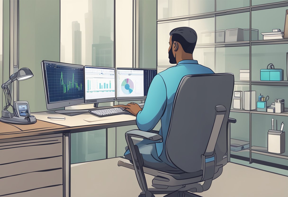Uma pessoa sentada em uma mesa com um computador, agendando uma consulta de telemedicina enquanto um dispositivo médico monitora seus sinais vitais.