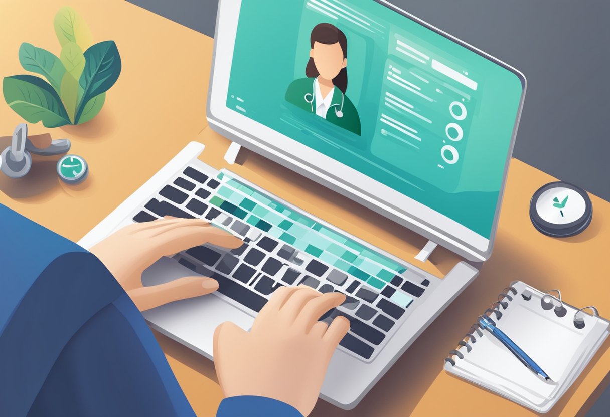 Uma pessoa usando um laptop para agendar uma consulta médica online
