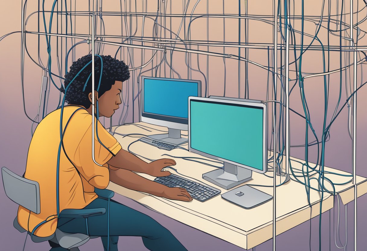 Uma pessoa navegando por um labirinto de fios emaranhados e barreiras enquanto tenta acessar um computador para agendar uma consulta médica online.