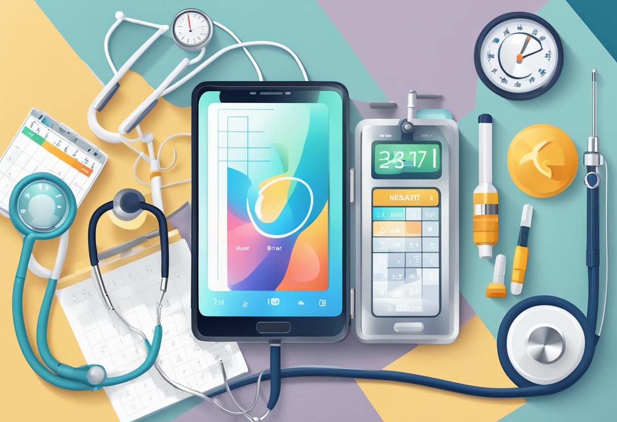 Um smartphone exibindo um aplicativo de saúde com um calendário e um símbolo de estetoscópio, cercado por equipamentos médicos e uma mesa de médico.