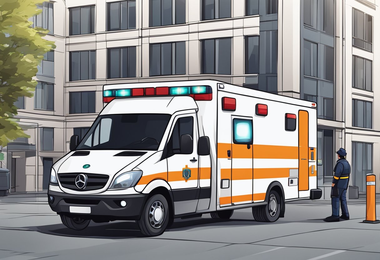 Uma ambulância particular estacionada do lado de fora de um prédio, com luzes de emergência piscando e uma equipe médica ao lado.