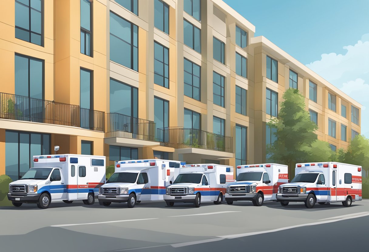 Uma variedade de ambulâncias particulares estacionadas do lado de fora de uma locadora