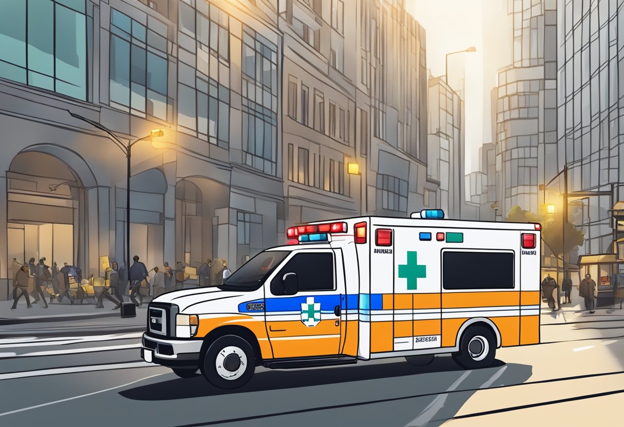Uma ambulância particular correndo pelas ruas da cidade com luzes piscando e sirenes