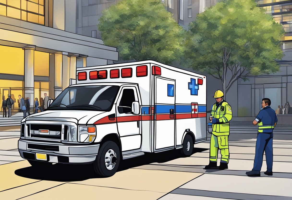Uma ambulância estacionada em um local de evento, com suas luzes piscando e um paramédico em pé nas proximidades.