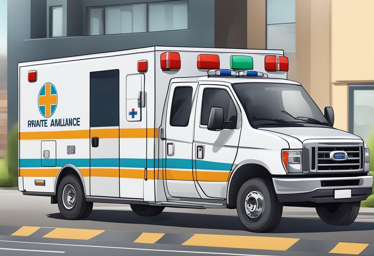 Uma ambulância particular sendo alugada com um logotipo da empresa e equipamentos médicos dentro.