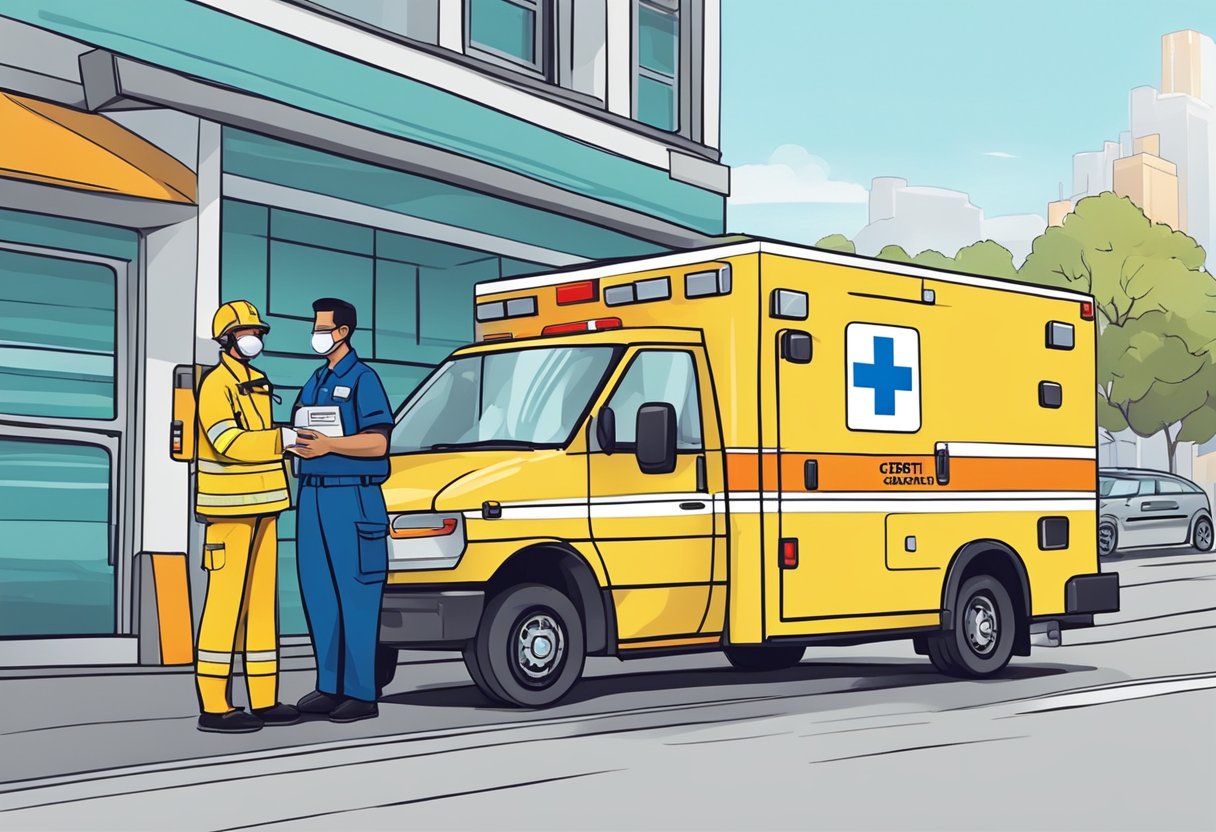 Uma pessoa entregando um cartão de crédito a um paramédico enquanto está ao lado de uma ambulância particular.