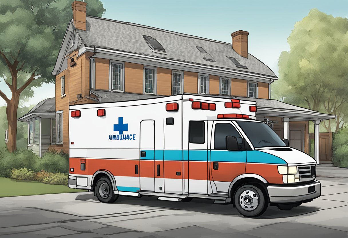 Uma ambulância estacionada do lado de fora de uma casa, com uma placa de 24 horas ao lado e um mapa mostrando uma ampla área de cobertura geográfica.