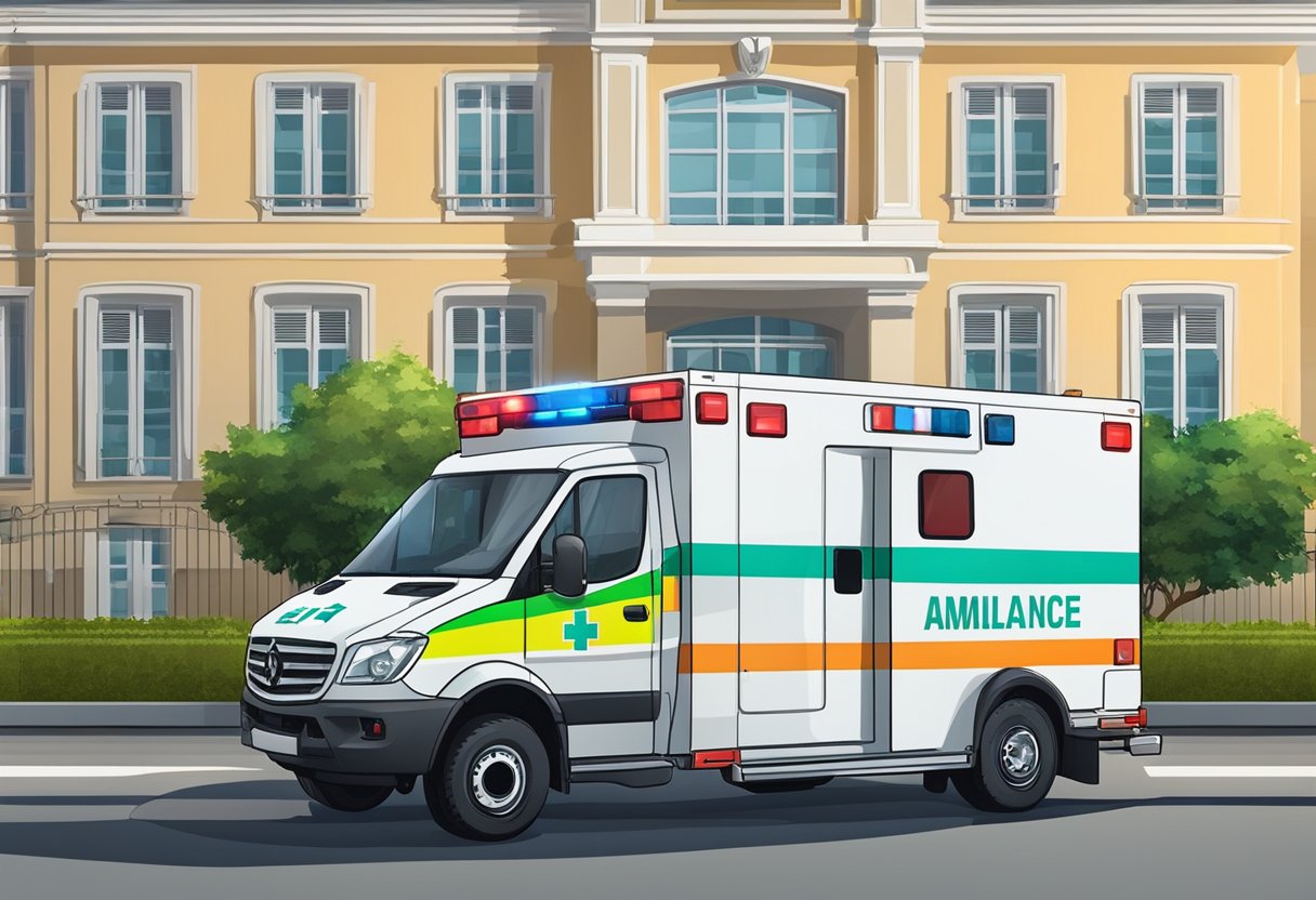 Uma ambulância estacionada em frente a uma unidade de saúde em Curitiba, com suas luzes piscando e uma maca visível através das portas traseiras abertas.