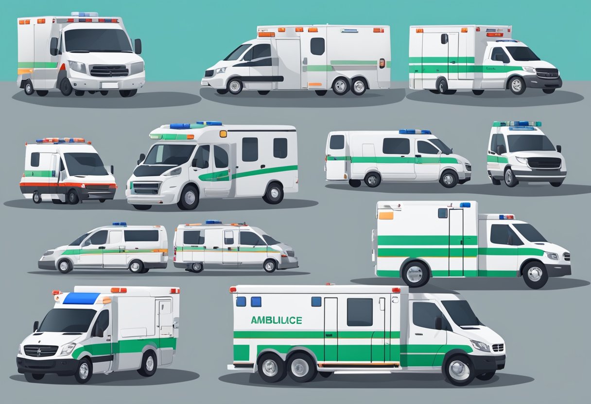 Uma frota de diferentes tipos de ambulâncias estacionadas em fila, prontas para uso. Cada ambulância é equipada de forma única para diferentes emergências médicas.