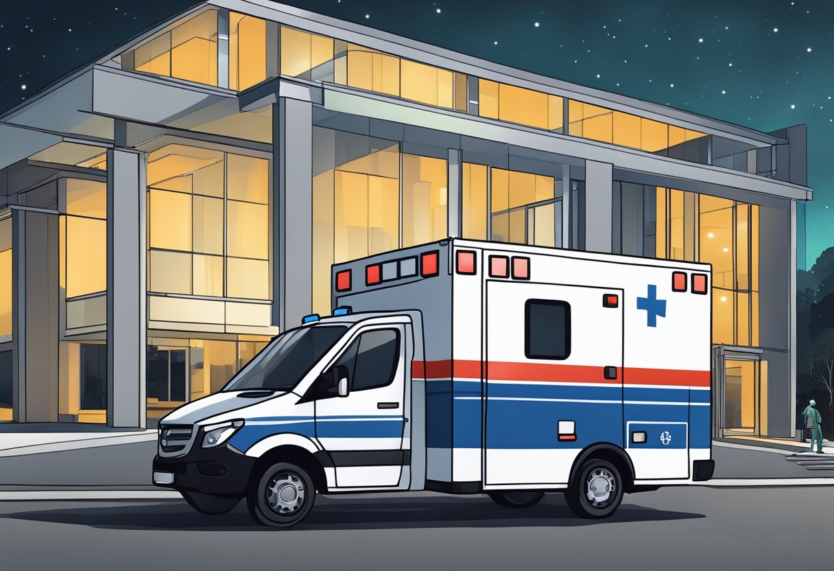 Uma ambulância estacionada do lado de fora de uma unidade médica em Curitiba, com as luzes acesas e um membro da equipe médica parado nas proximidades.