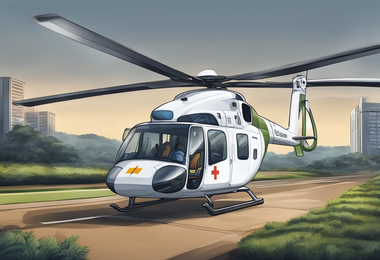 Um helicóptero médico pousando em Curitiba, com uma ambulância aguardando para transportar um paciente.