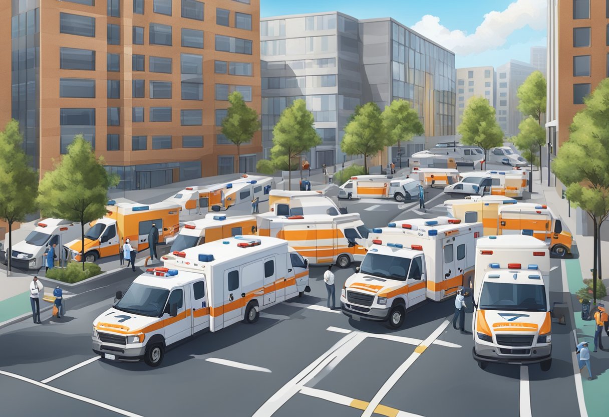 Uma rua movimentada da cidade com uma frota de ambulâncias estacionadas em frente a uma unidade médica, com paramédicos e equipe médica entrando e saindo.