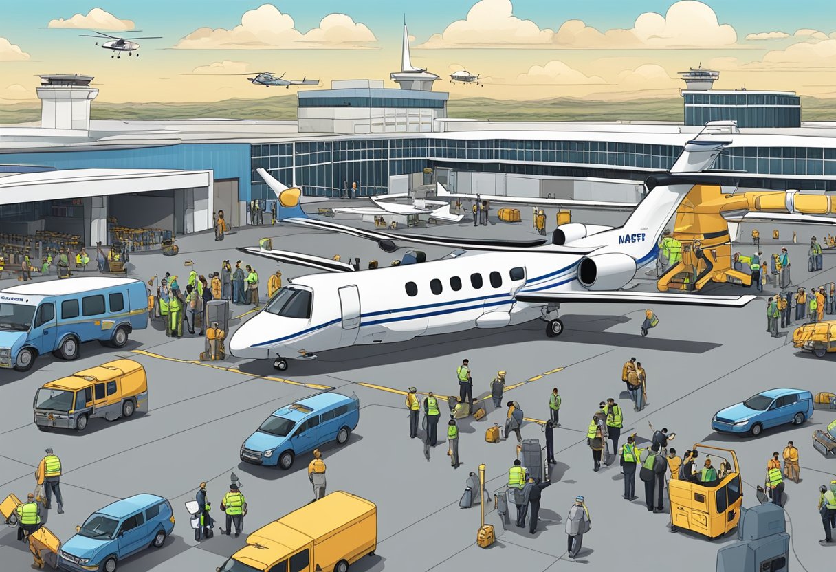 Uma pista de aeroporto movimentada com um helicóptero médico sendo inspecionado por oficiais de alfândega e documentação, enquanto o pessoal de segurança mantém vigilância.