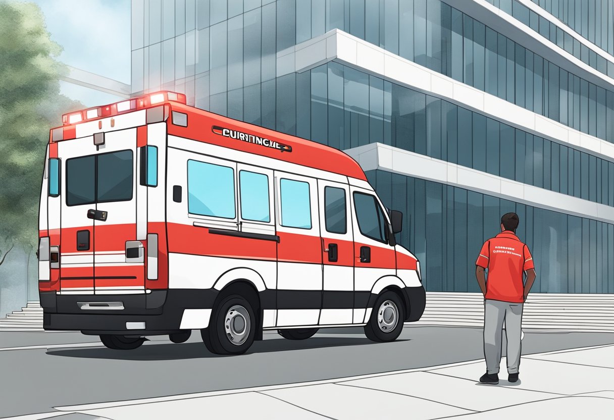 Uma ambulância vermelha brilhante estacionada em frente a um prédio moderno em Curitiba, com um paramédico parado nas proximidades, pronto para ajudar.