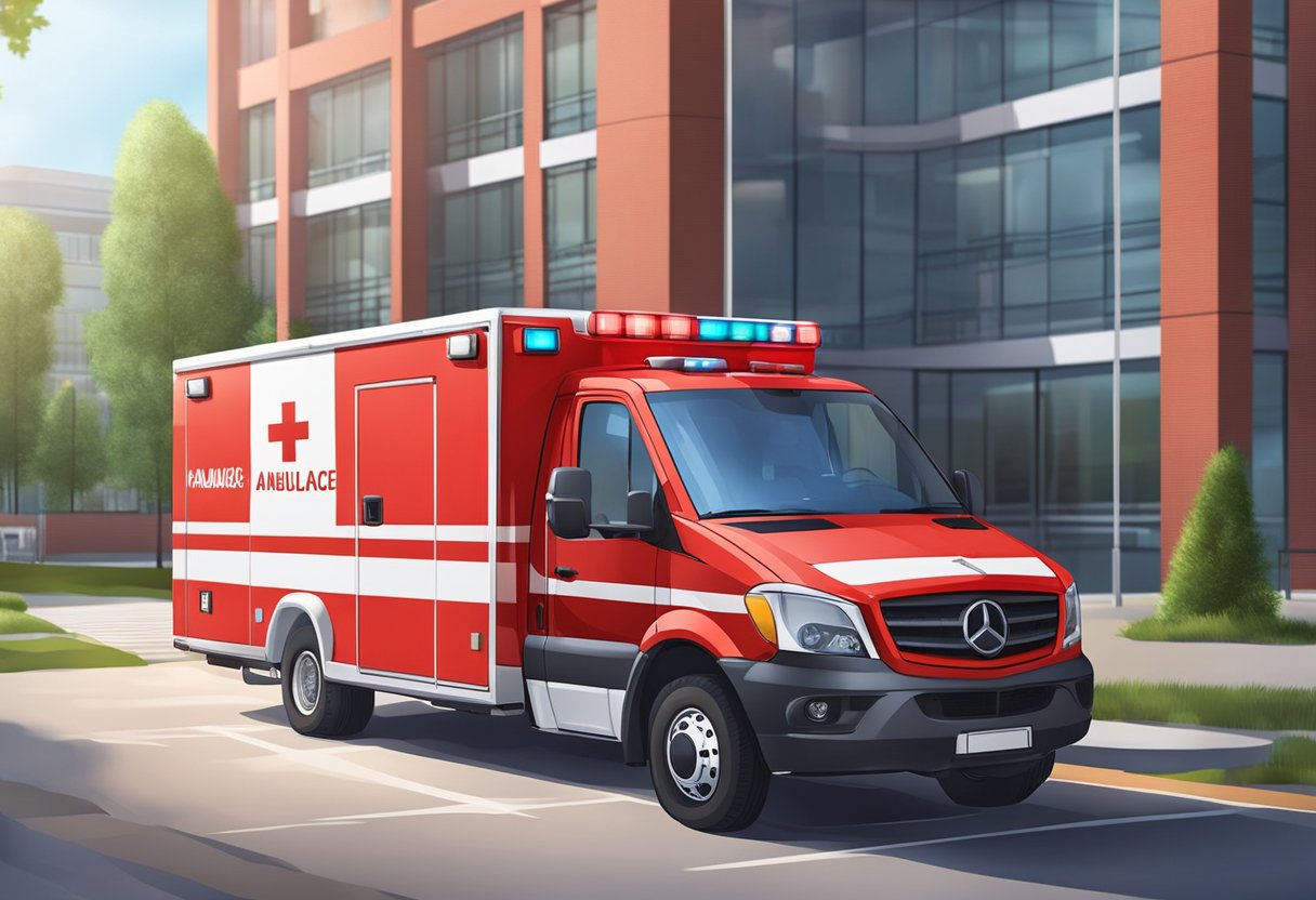 Uma ambulância vermelha brilhante com luzes piscantes e um grande símbolo de 24 horas ao lado, estacionada na entrada de emergência de um hospital.