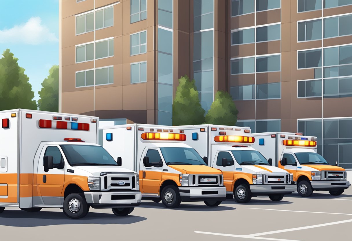 Uma frota de vários tipos de ambulâncias estacionadas do lado de fora de uma unidade de saúde, pronta para atendimento de emergência 24 horas.