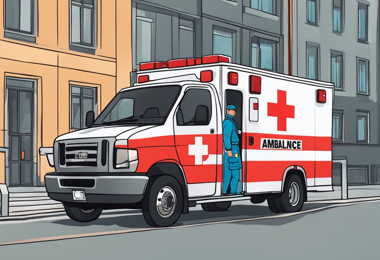 Uma ambulância estacionada do lado de fora de um prédio com um símbolo de cruz vermelha. Um paramédico está ao lado do veículo, pronto para ajudar.