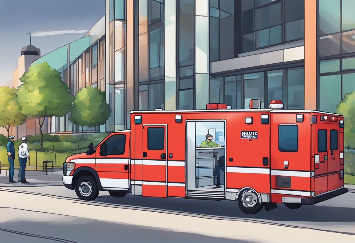 Uma ambulância vermelha brilhante estacionou do lado de fora de um local de evento, com luzes de emergência piscando e um paramédico em pé nas proximidades.