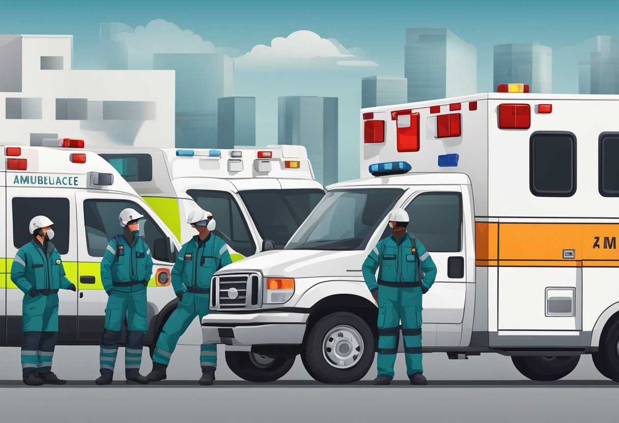 Uma equipe de ambulância disponível 24 horas está pronta, com equipamentos de segurança e veículos, preparada para responder a emergências.