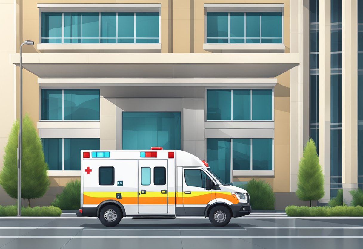 Uma ambulância estacionada do lado de fora de um hospital moderno, com equipamentos médicos e tecnologia visíveis através das janelas.
