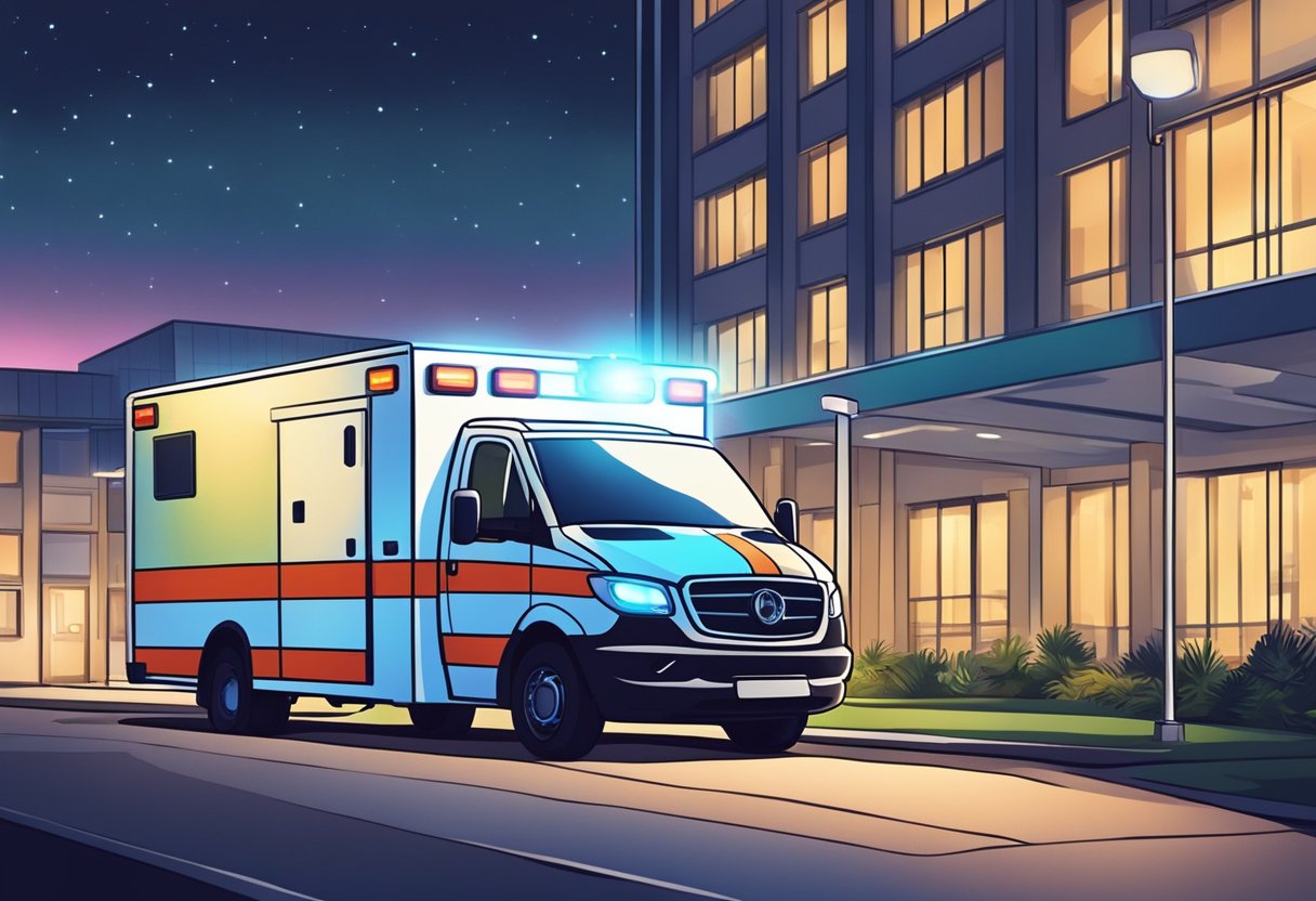 Uma ambulância bem iluminada estacionada do lado de fora de um hospital à noite, com as luzes de emergência piscando e um paramédico de pé nas proximidades.
