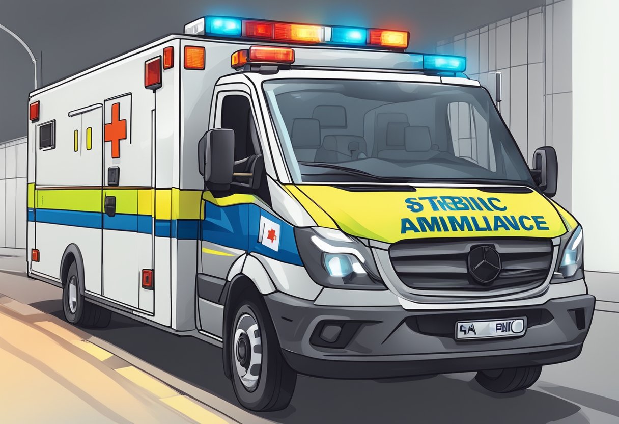 Uma ambulância com luzes piscando e um paramédico atendendo a um paciente em uma maca