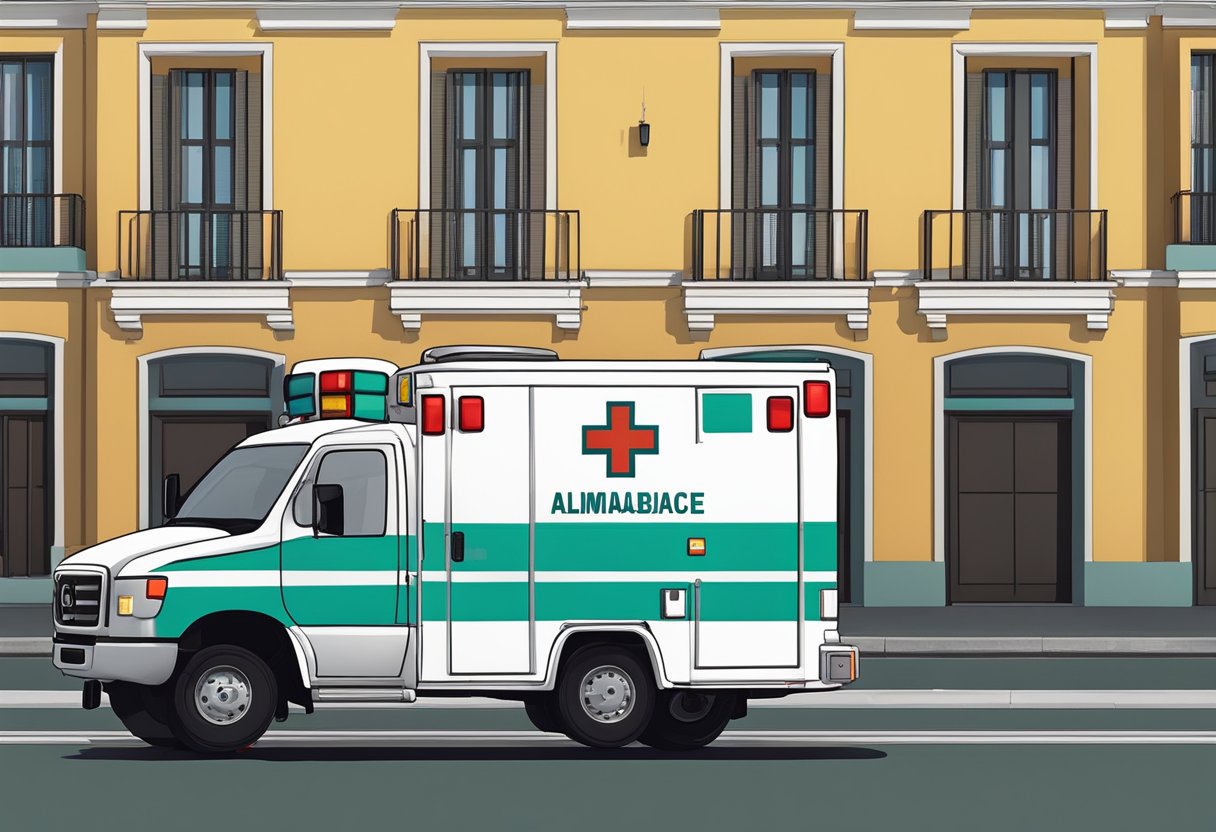 Uma ambulância do Serviço de Atendimento Pré-Hospitalar Almirante Tamandaré estacionou do lado de fora de um prédio com suas luzes piscando.