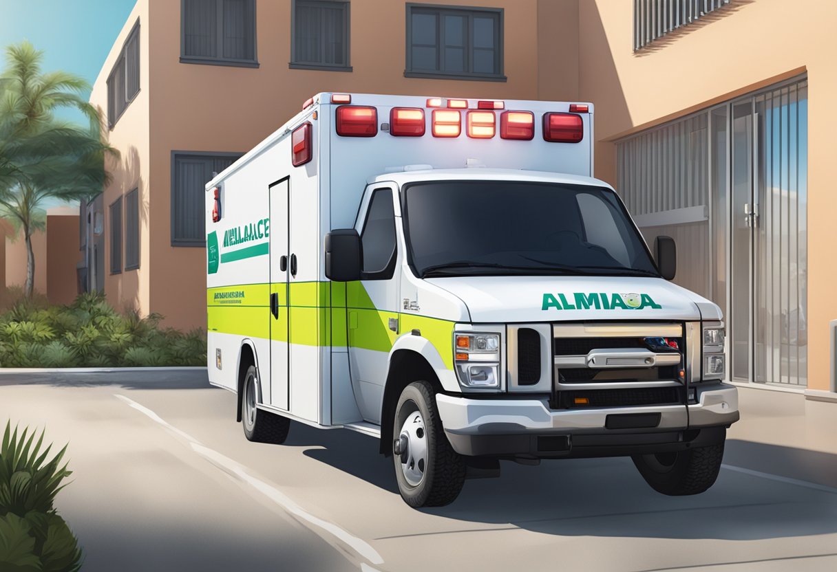 Uma ambulância estacionada do lado de fora do Centro de Diagnóstico e Tratamento Almirante Tamandaré