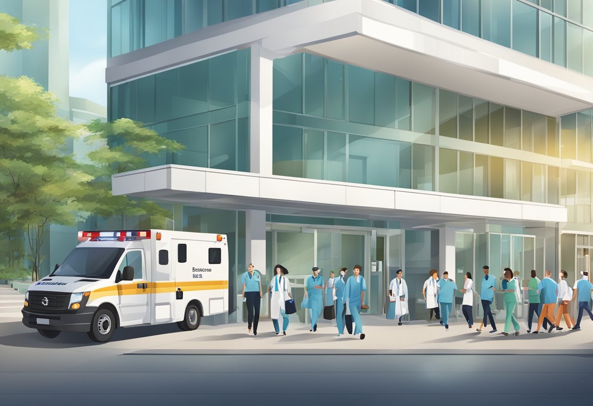 Uma entrada de hospital movimentada, com ambulâncias chegando e partindo, profissionais de saúde e pacientes entrando e saindo do prédio.